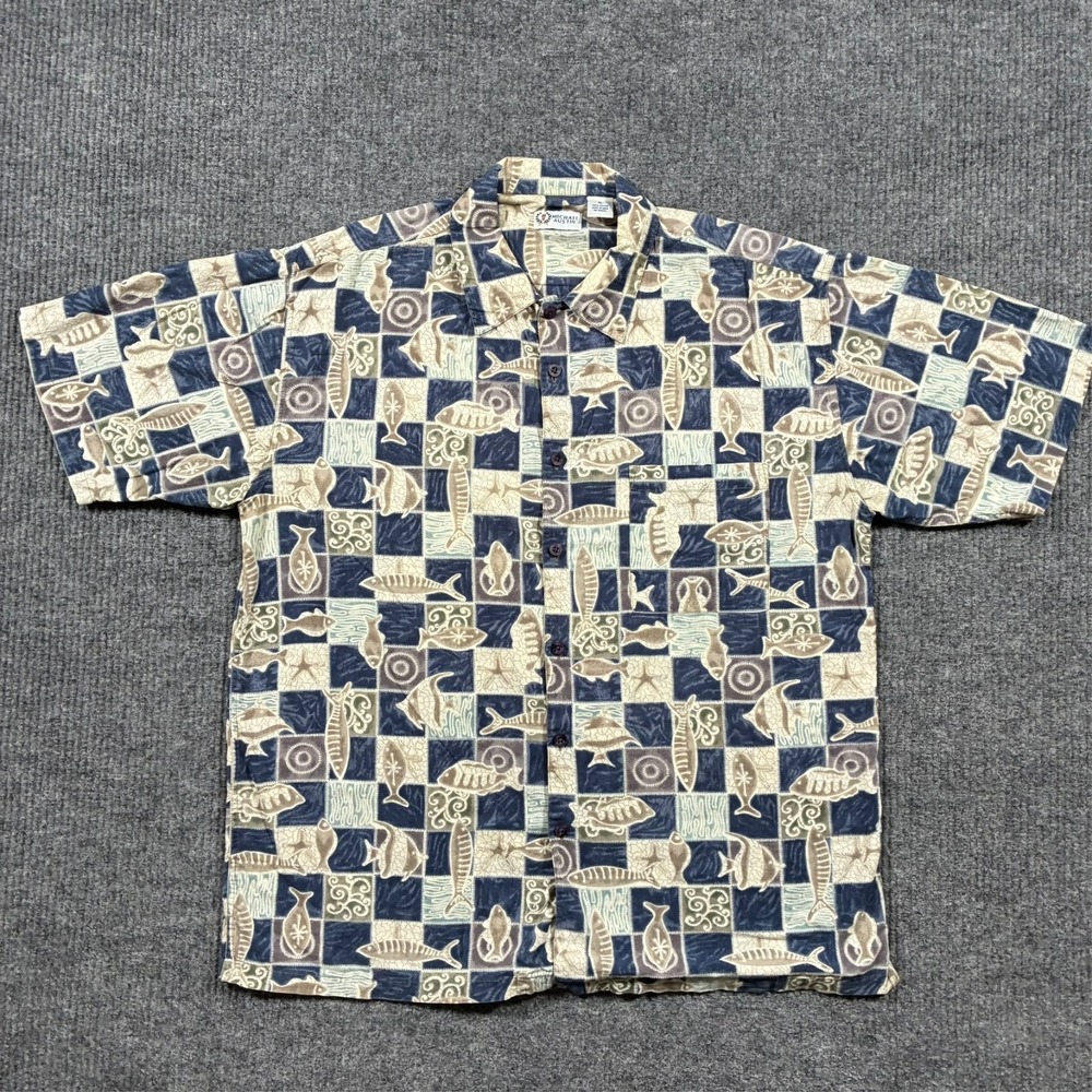 Michael Austin Mens XL Hawaiian Shirt Fish Print Blue Beige Cotton Vintage 90s